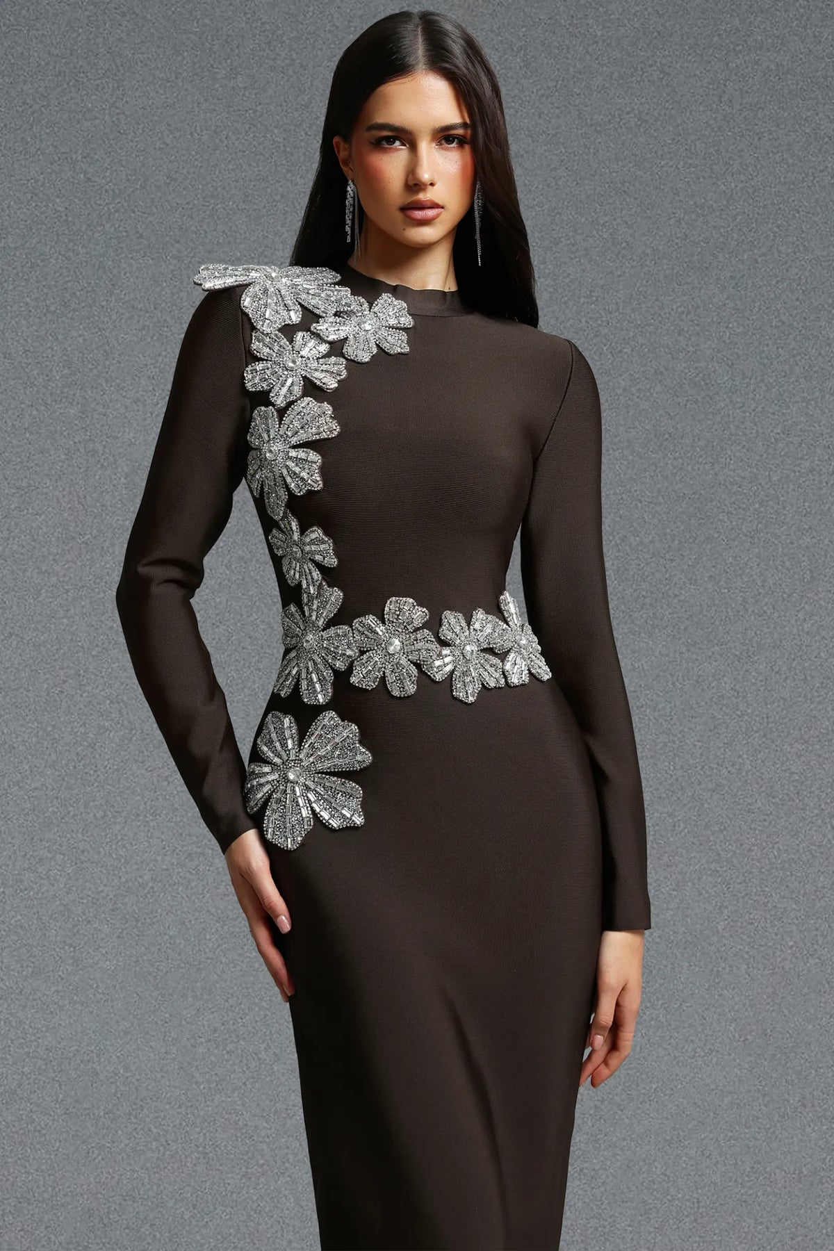 Asymmetrical Silver Floral Appliqué Column Gown - Espresso Brown