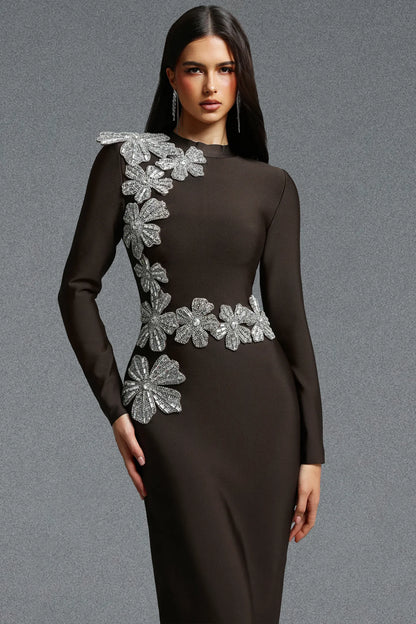 Asymmetrical Silver Floral Appliqué Column Gown - Espresso Brown