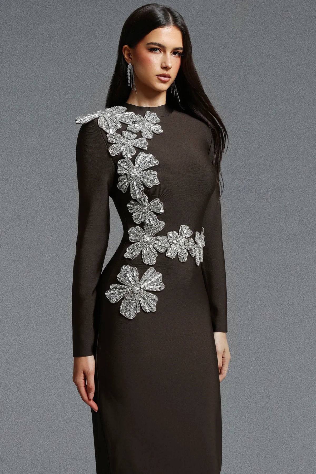 Asymmetrical Silver Floral Appliqué Column Gown - Espresso Brown