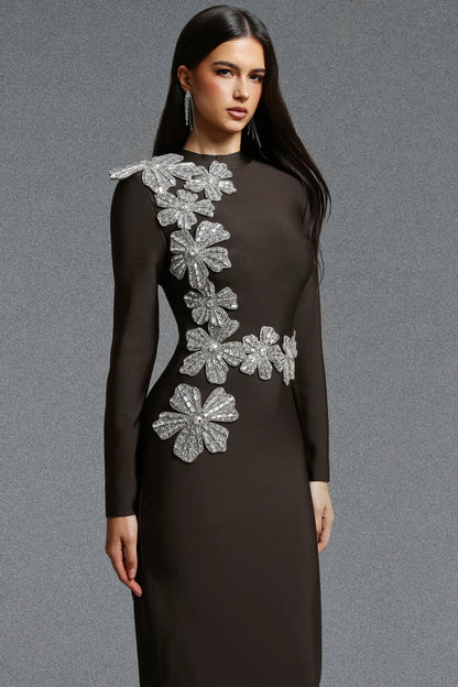 Asymmetrical Silver Floral Appliqué Column Gown - Espresso Brown