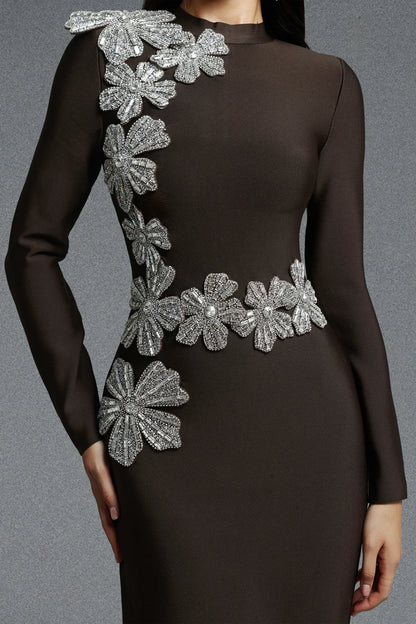 Asymmetrical Silver Floral Appliqué Column Gown - Espresso Brown