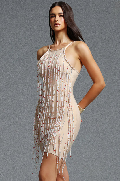 Halter-Neck Linear Beaded Fringe Mini Dress - Champagne Nude