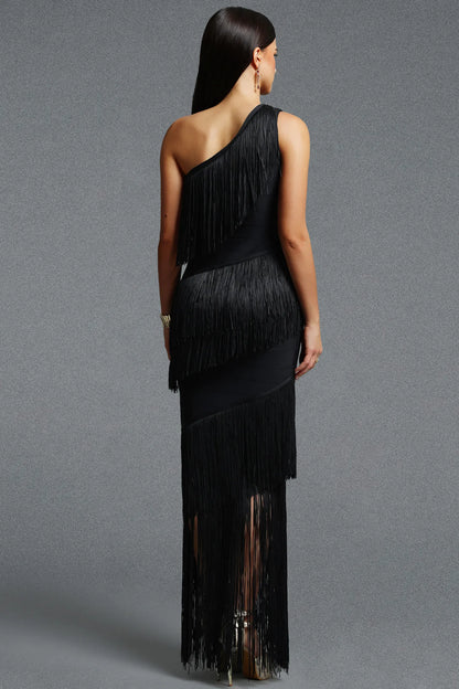 Asymmetrical One-Shoulder Tiered Fringe Gown - Onyx Black
