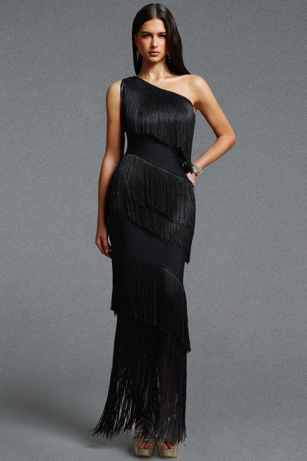 Asymmetrical One-Shoulder Tiered Fringe Gown - Onyx Black