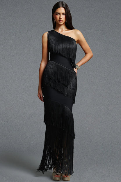 Asymmetrical One-Shoulder Tiered Fringe Gown - Onyx Black
