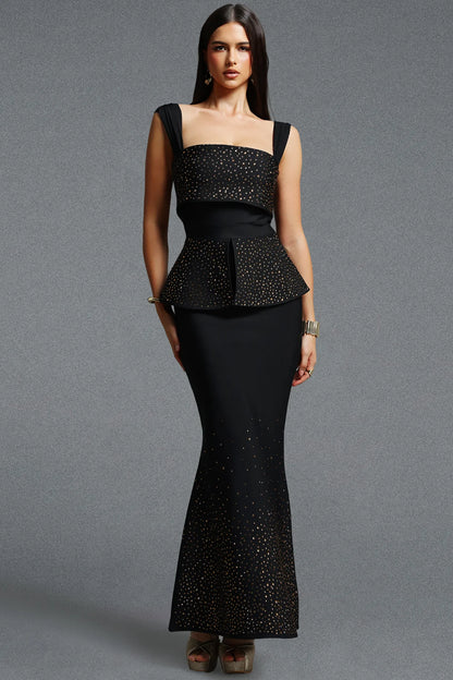 Architectural Stardust Peplum Gown - Onyx Black