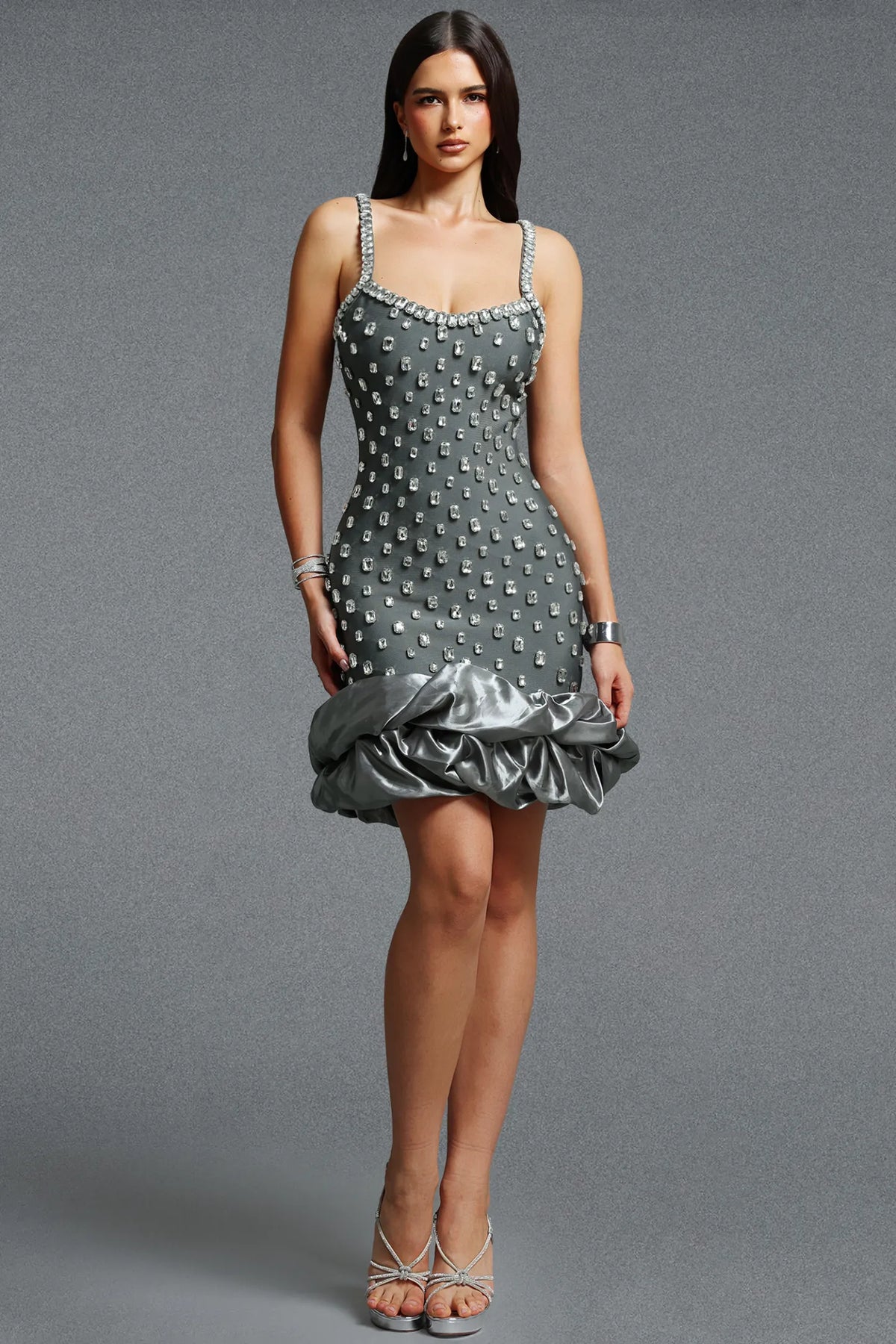 Crystal-Encrusted Bubble-Hem Mini Dress - Gunmetal Grey