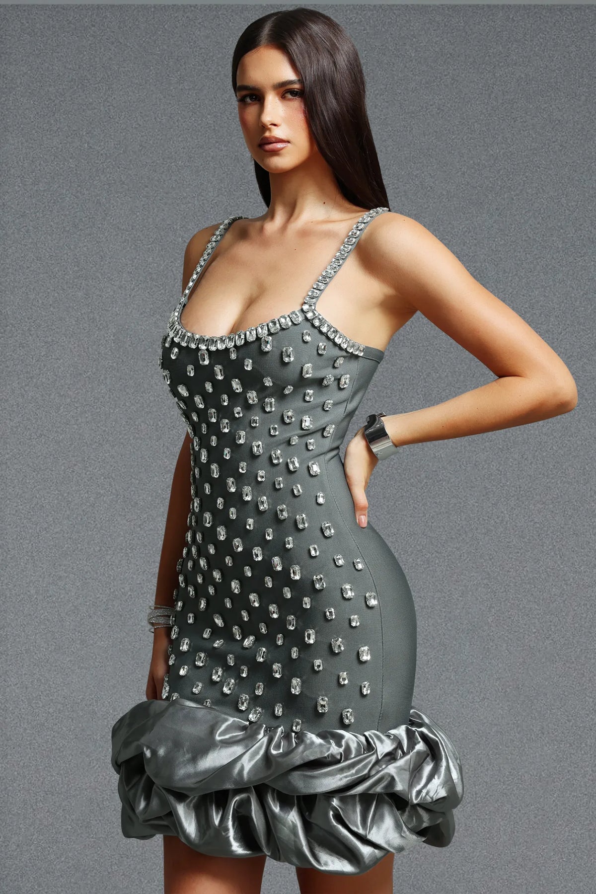 Crystal-Encrusted Bubble-Hem Mini Dress - Gunmetal Grey