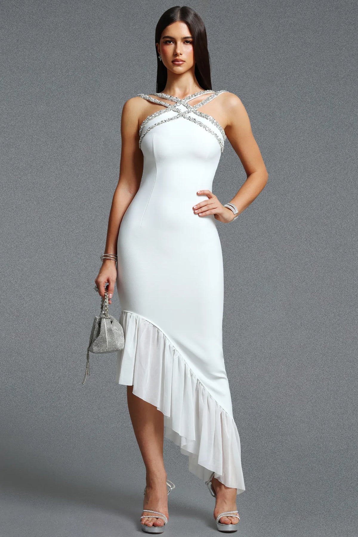 Crystal-Harness Asymmetrical Ruffled Midi Dress - Pristine White
