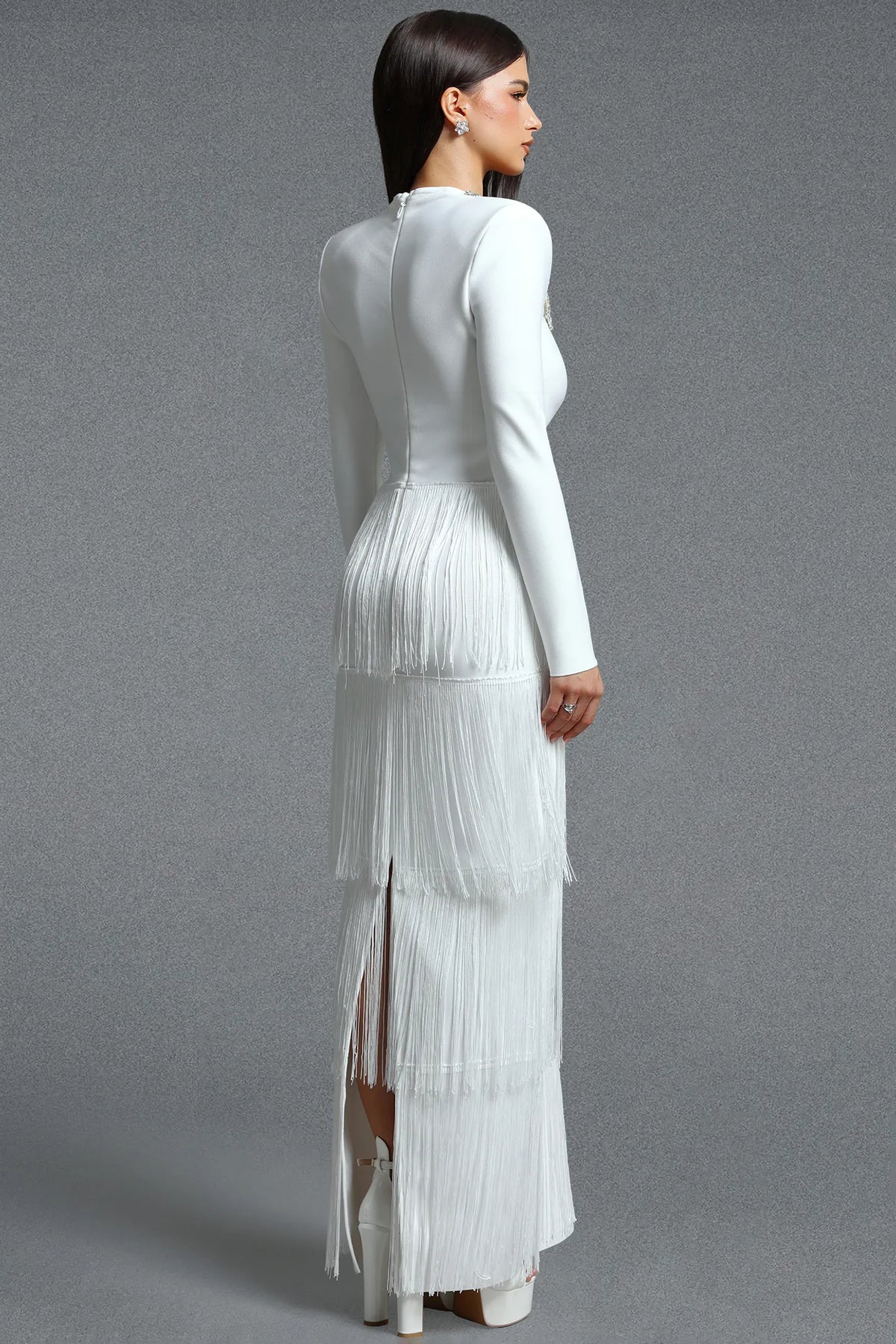 Crystal-Embellished Tiered Fringe Gown - Pristine White