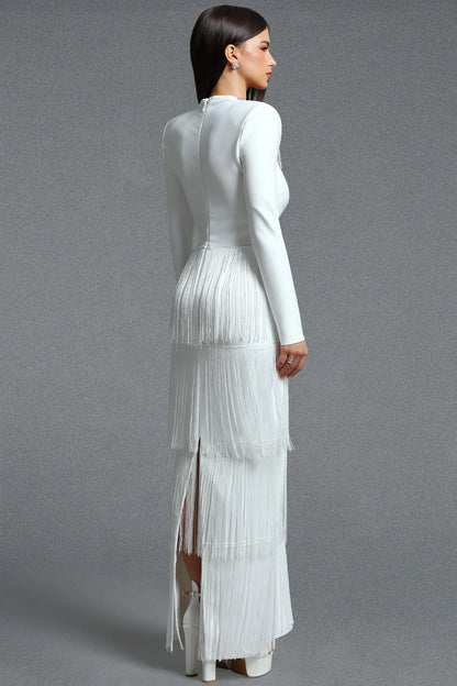 Crystal-Embellished Tiered Fringe Gown - Pristine White