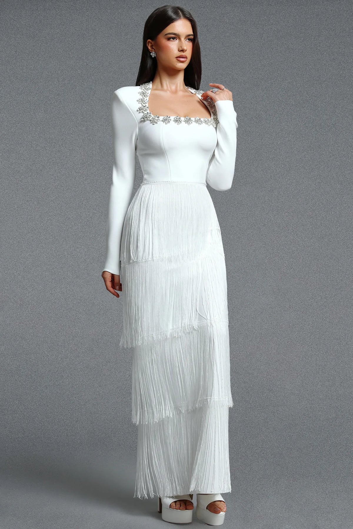 Crystal-Embellished Tiered Fringe Gown - Pristine White