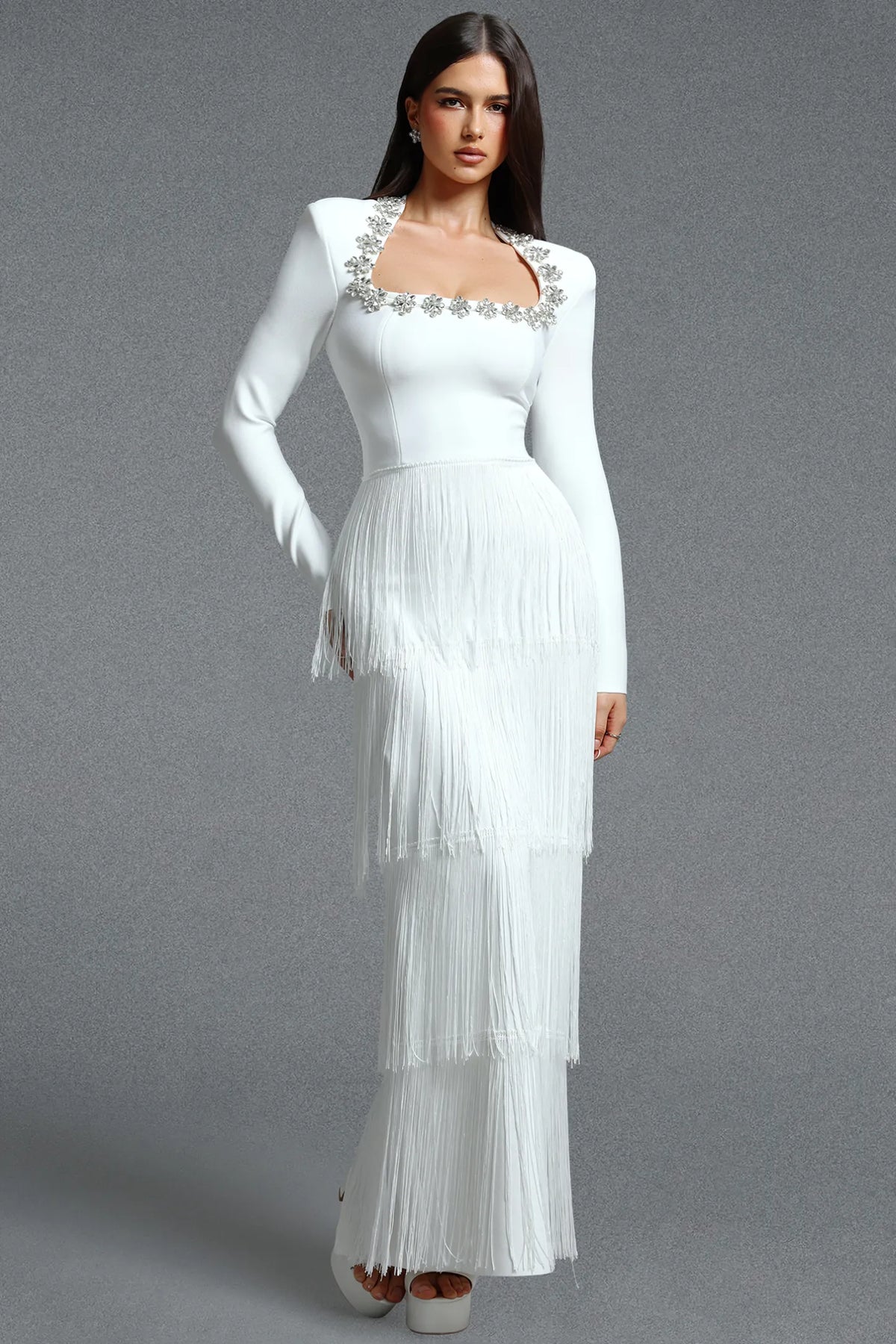 Crystal-Embellished Tiered Fringe Gown - Pristine White