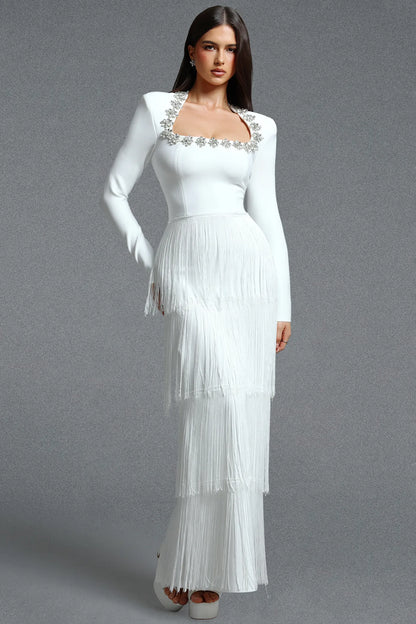 Crystal-Embellished Tiered Fringe Gown - Pristine White