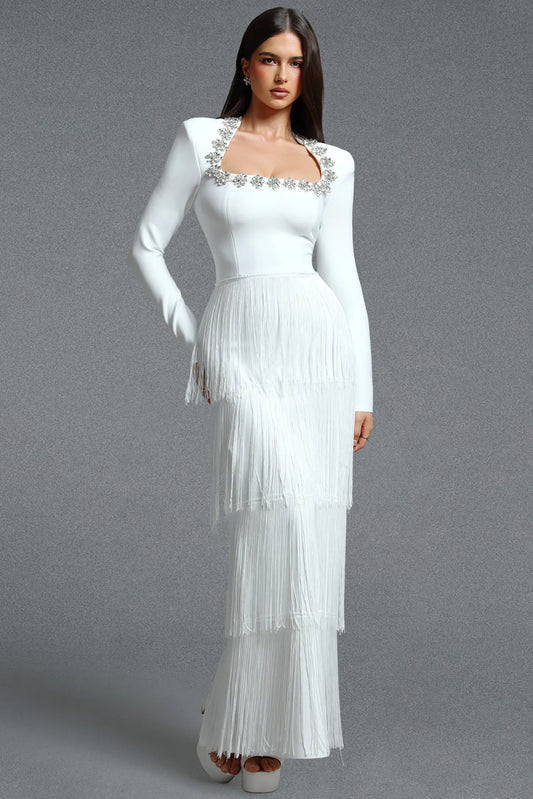 Crystal-Embellished Tiered Fringe Gown - Pristine White