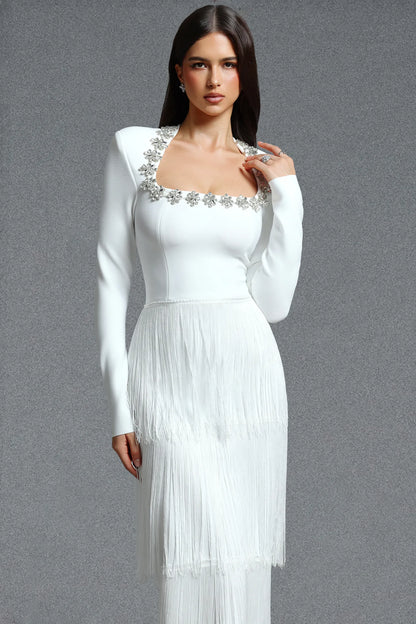 Crystal-Embellished Tiered Fringe Gown - Pristine White