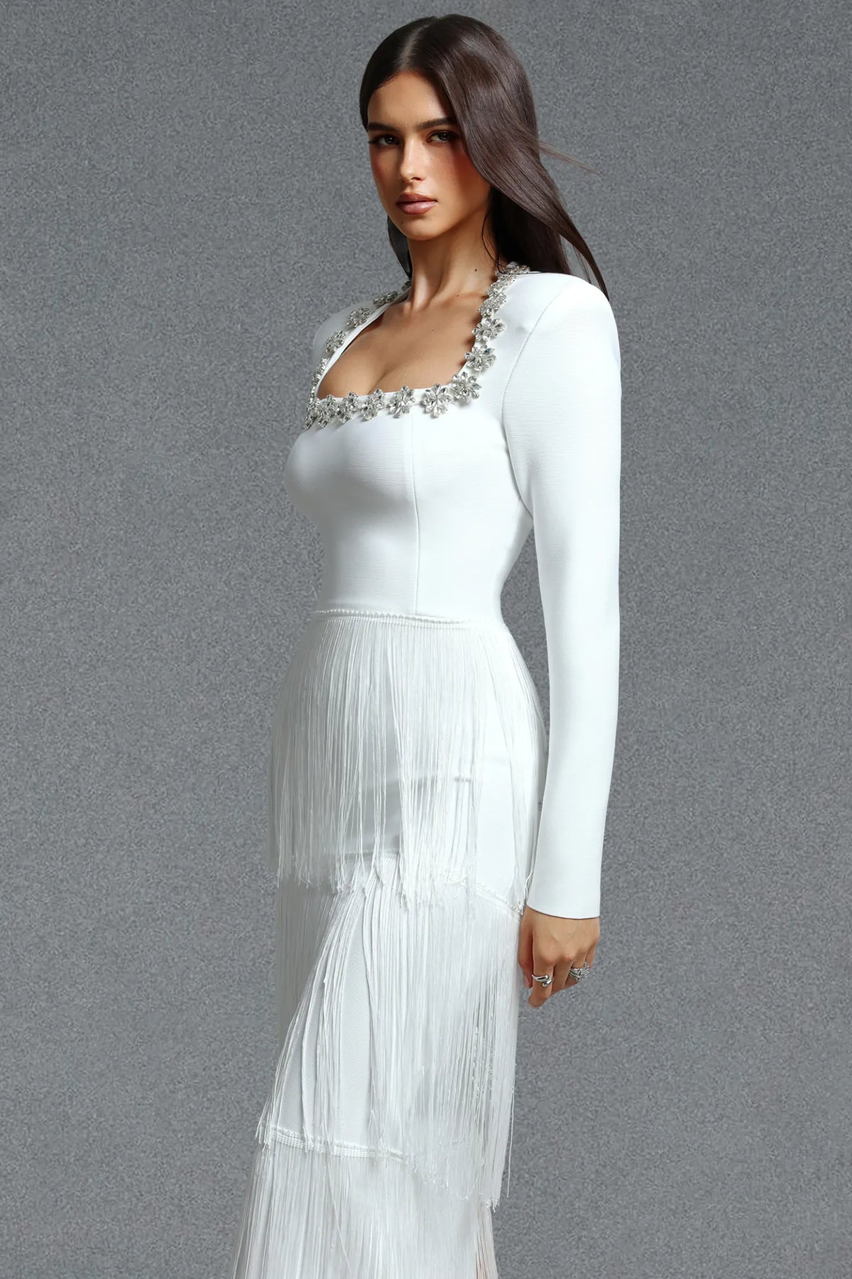 Crystal-Embellished Tiered Fringe Gown - Pristine White
