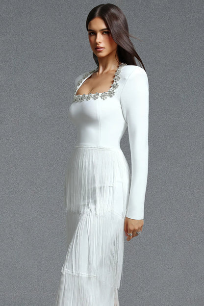 Crystal-Embellished Tiered Fringe Gown - Pristine White