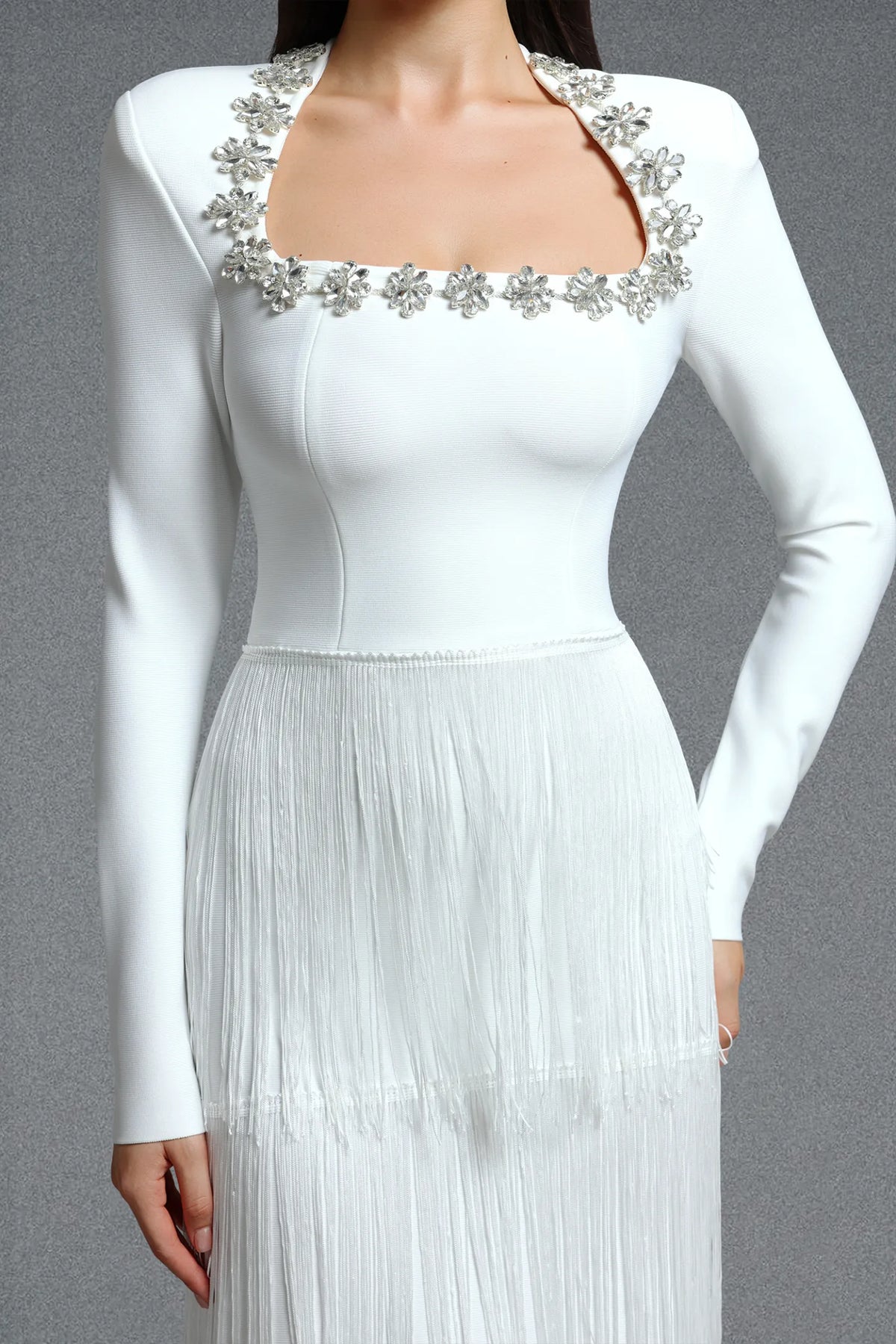 Crystal-Embellished Tiered Fringe Gown - Pristine White