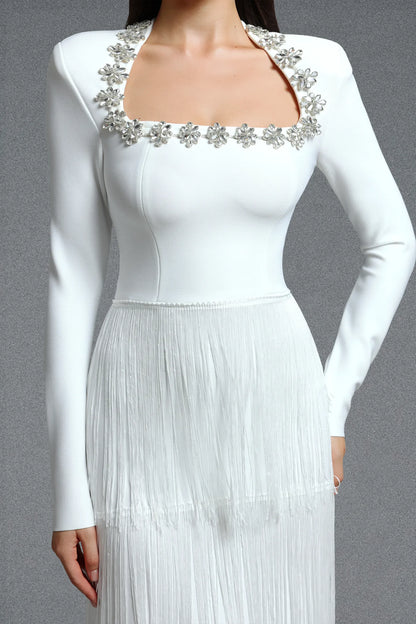 Crystal-Embellished Tiered Fringe Gown - Pristine White