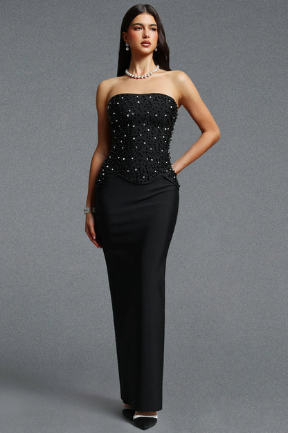 Elegance Beaded Strapless Corset Dress – Black