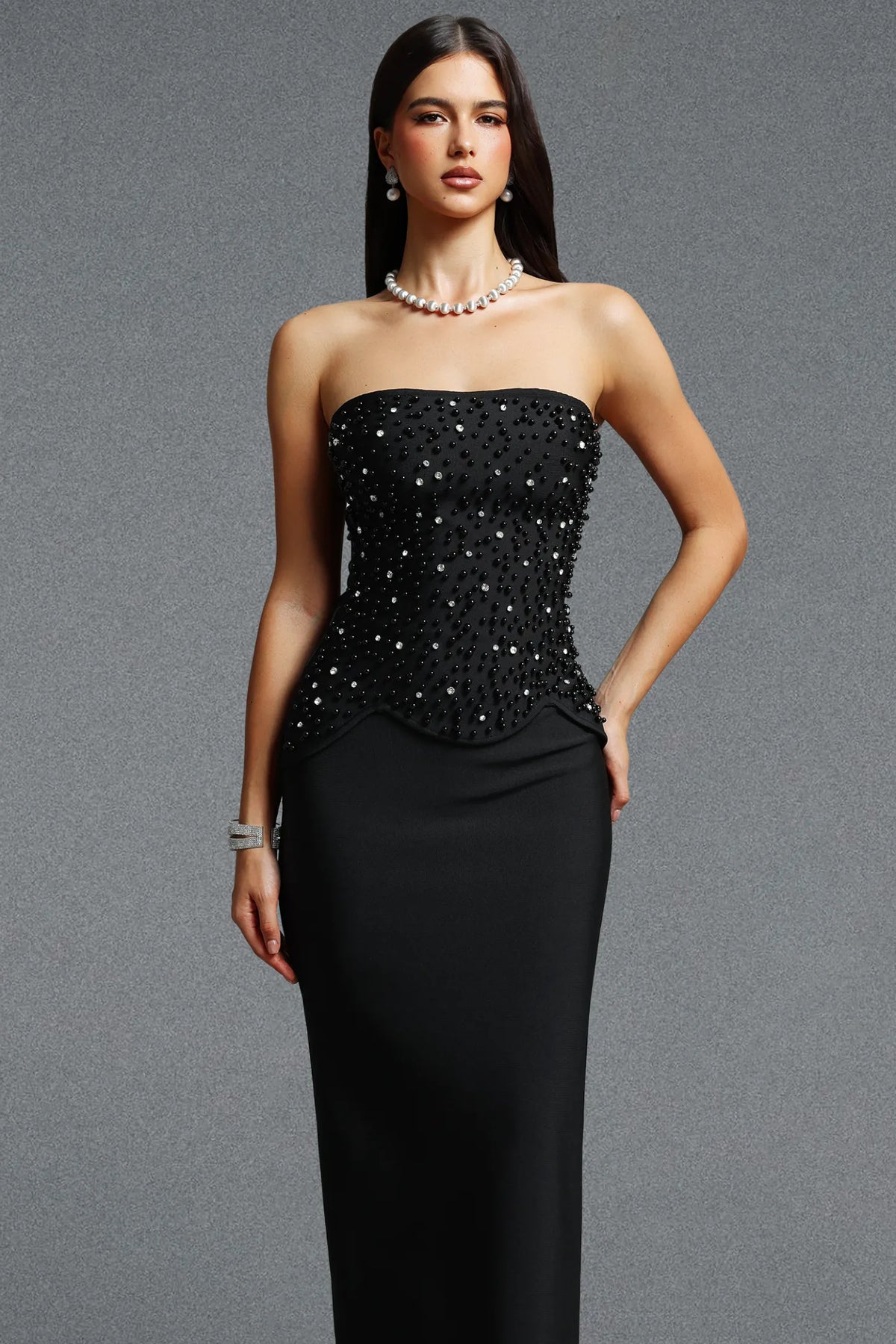 Elegance Beaded Strapless Corset Dress – Black