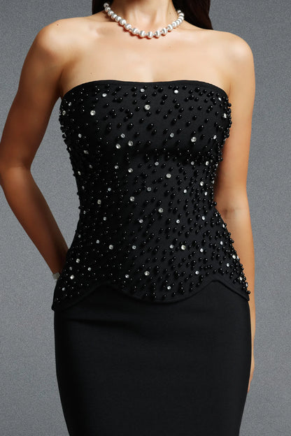 Elegance Beaded Strapless Corset Dress – Black