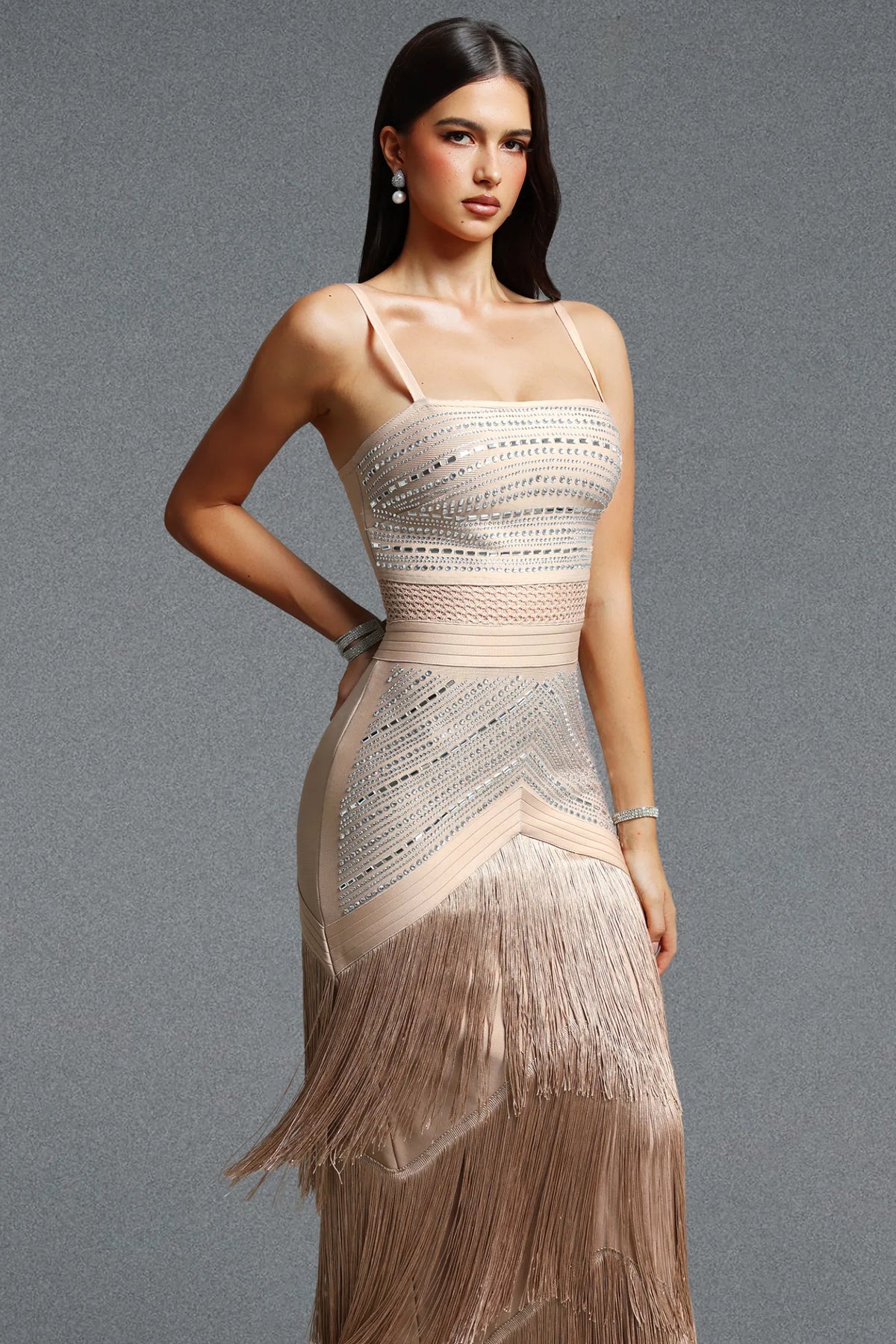 Art Deco Geometric Beaded Tiered Fringe Gown - Champagne Nude