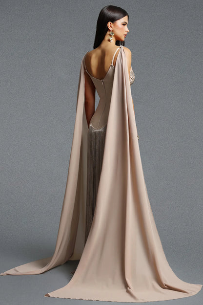 Art Deco Scalloped Beaded Fringe Gown with Chiffon Cape - Champagne Gold