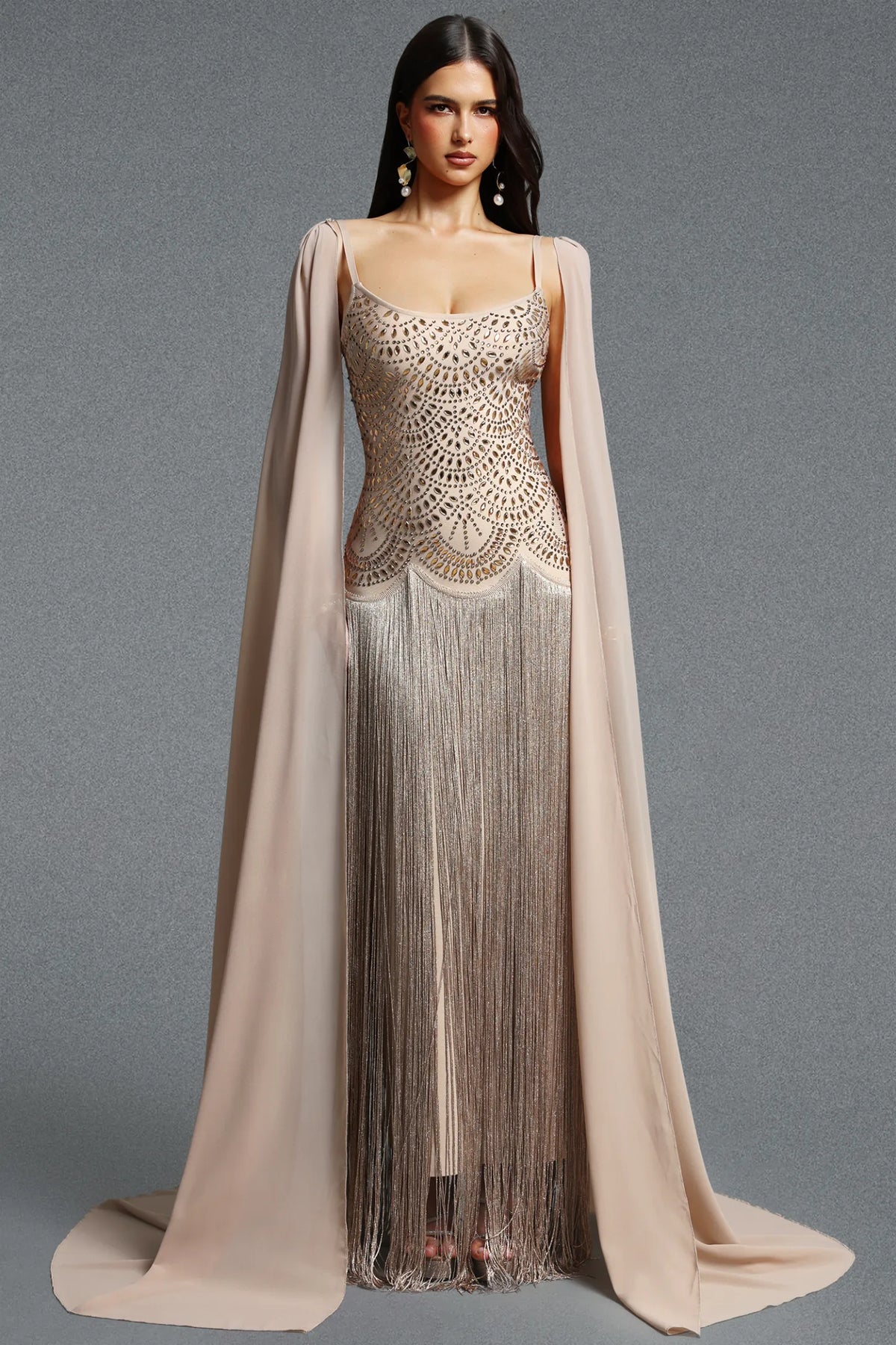 Art Deco Scalloped Beaded Fringe Gown with Chiffon Cape - Champagne Gold