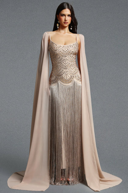 Art Deco Scalloped Beaded Fringe Gown with Chiffon Cape - Champagne Gold