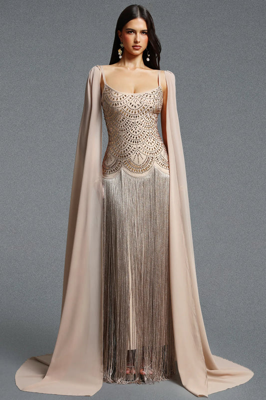 Art Deco Scalloped Beaded Fringe Gown with Chiffon Cape - Champagne Gold