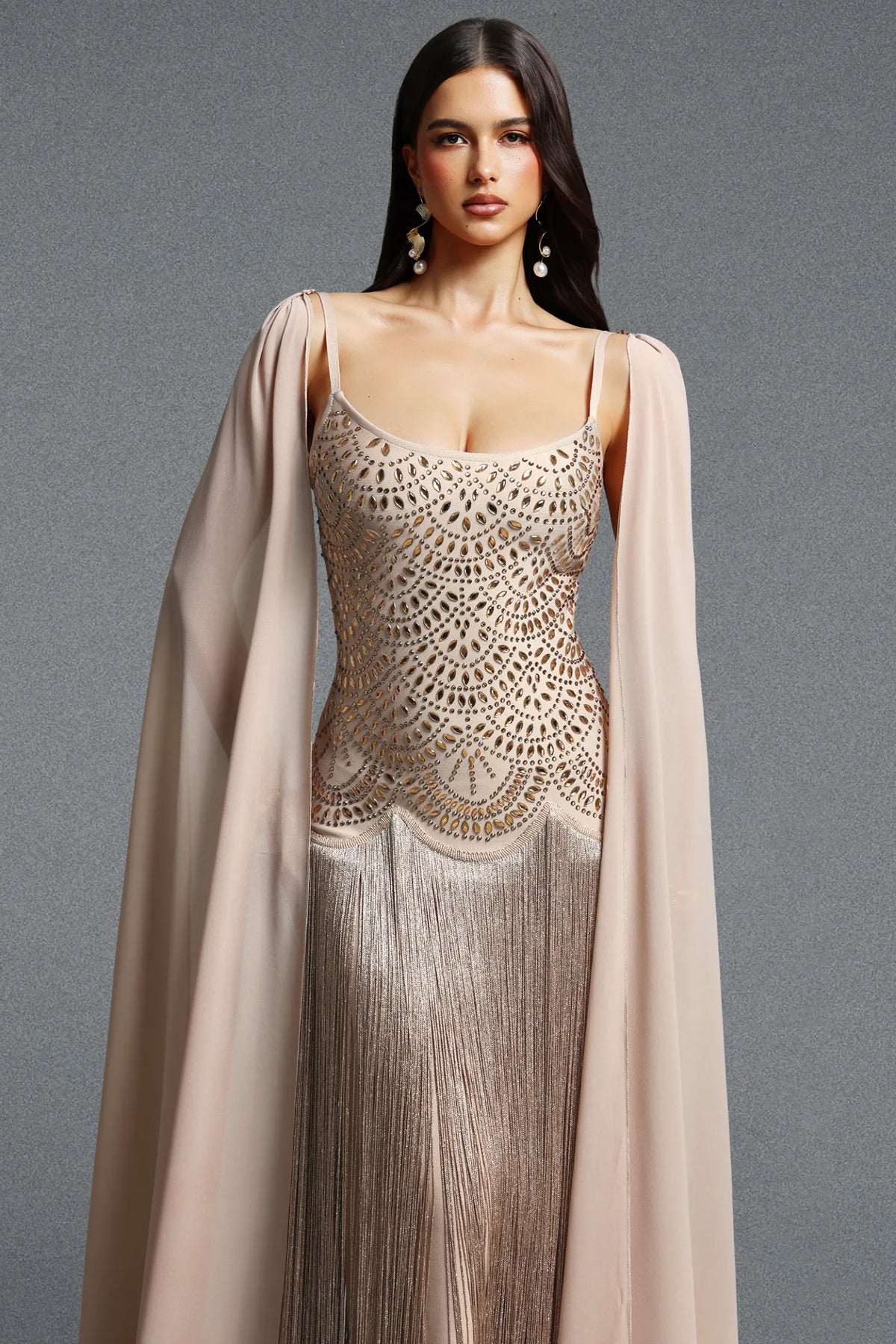 Art Deco Scalloped Beaded Fringe Gown with Chiffon Cape - Champagne Gold