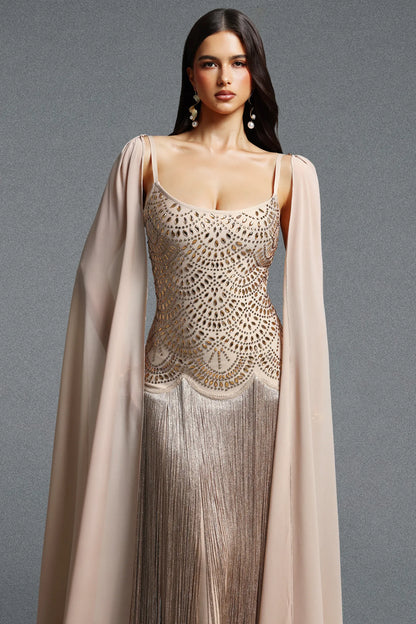 Art Deco Scalloped Beaded Fringe Gown with Chiffon Cape - Champagne Gold