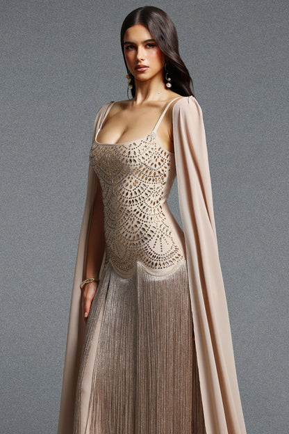 Art Deco Scalloped Beaded Fringe Gown with Chiffon Cape - Champagne Gold
