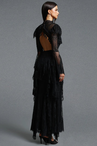 High-Neck Corseted Tiered Lace Gown - Onyx Black