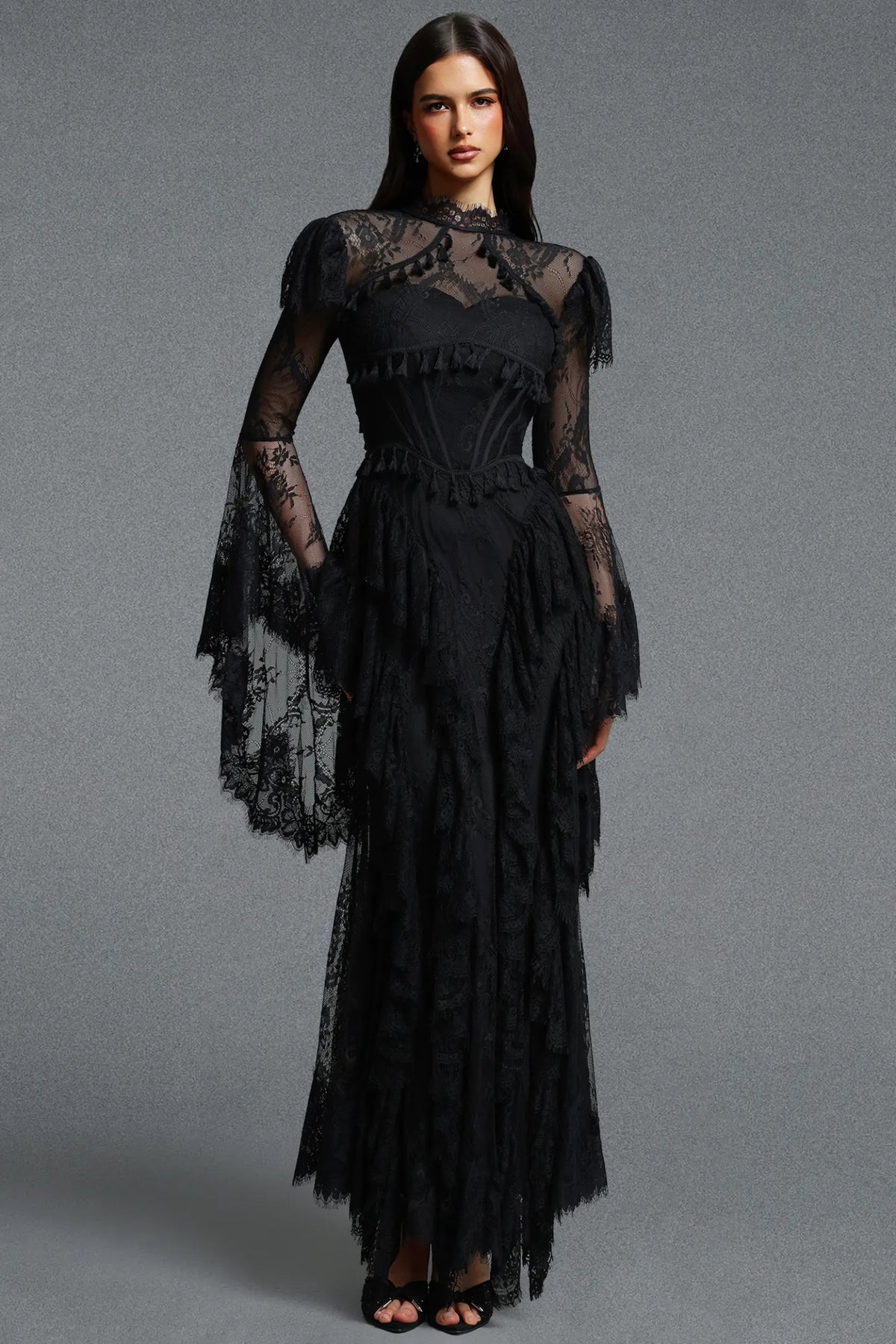 High-Neck Corseted Tiered Lace Gown - Onyx Black