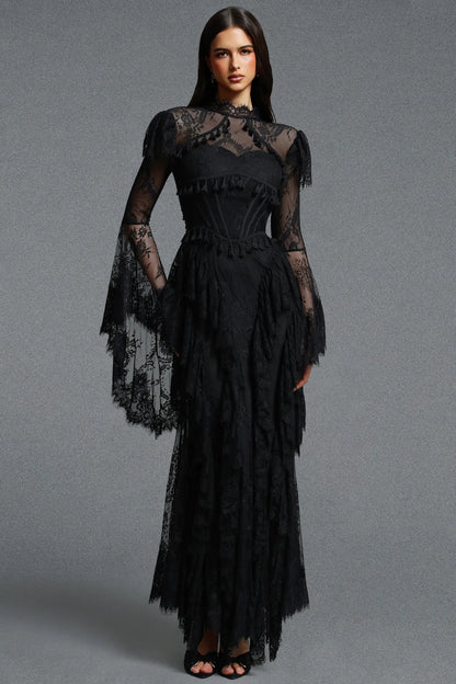 High-Neck Corseted Tiered Lace Gown - Onyx Black