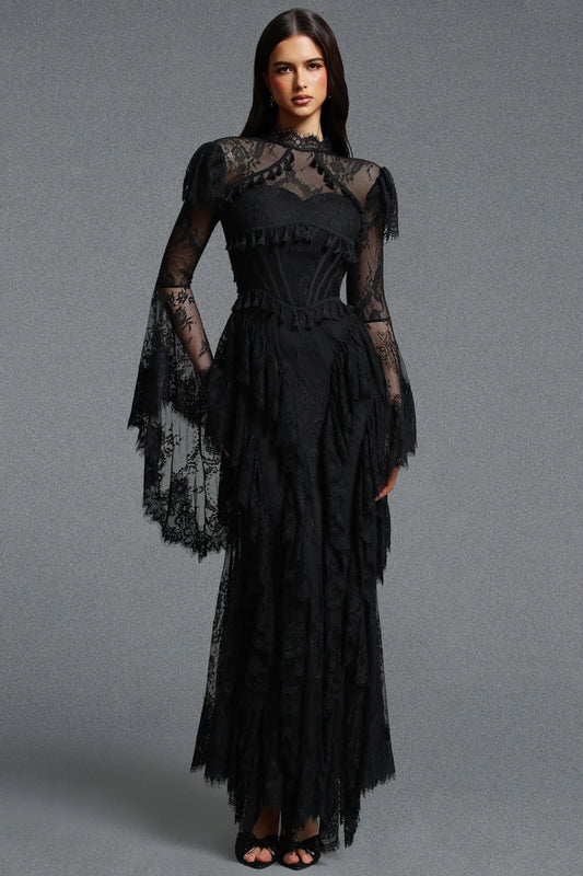 High-Neck Corseted Tiered Lace Gown - Onyx Black