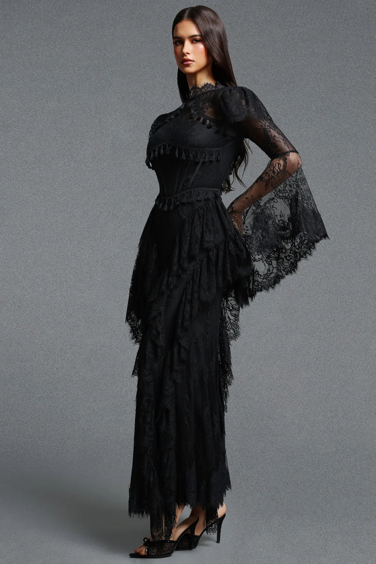 High-Neck Corseted Tiered Lace Gown - Onyx Black