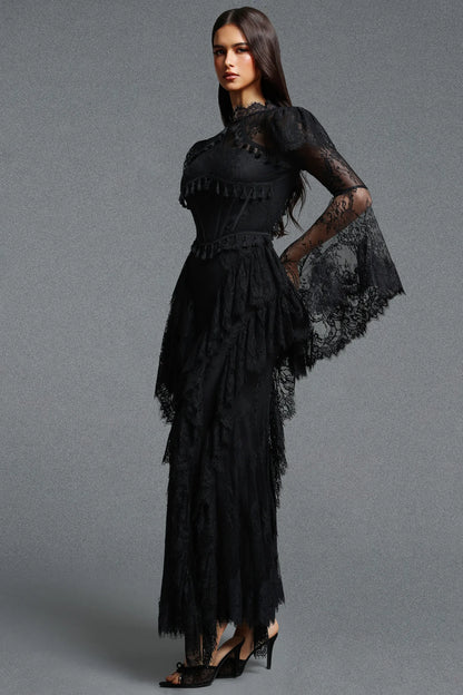 High-Neck Corseted Tiered Lace Gown - Onyx Black