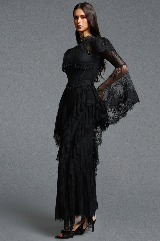 High-Neck Corseted Tiered Lace Gown - Onyx Black