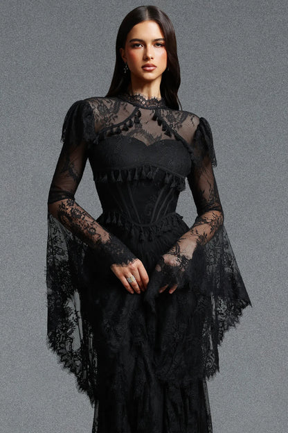 High-Neck Corseted Tiered Lace Gown - Onyx Black