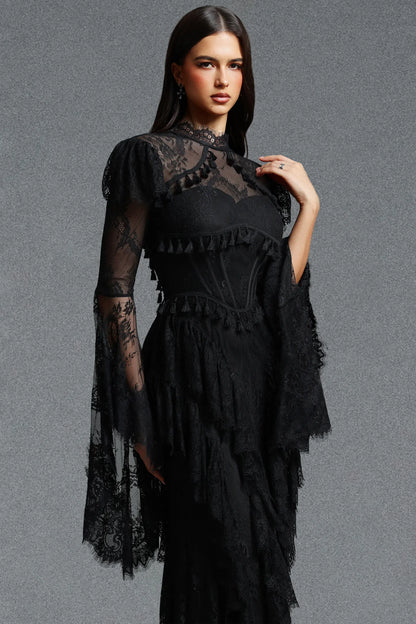 High-Neck Corseted Tiered Lace Gown - Onyx Black