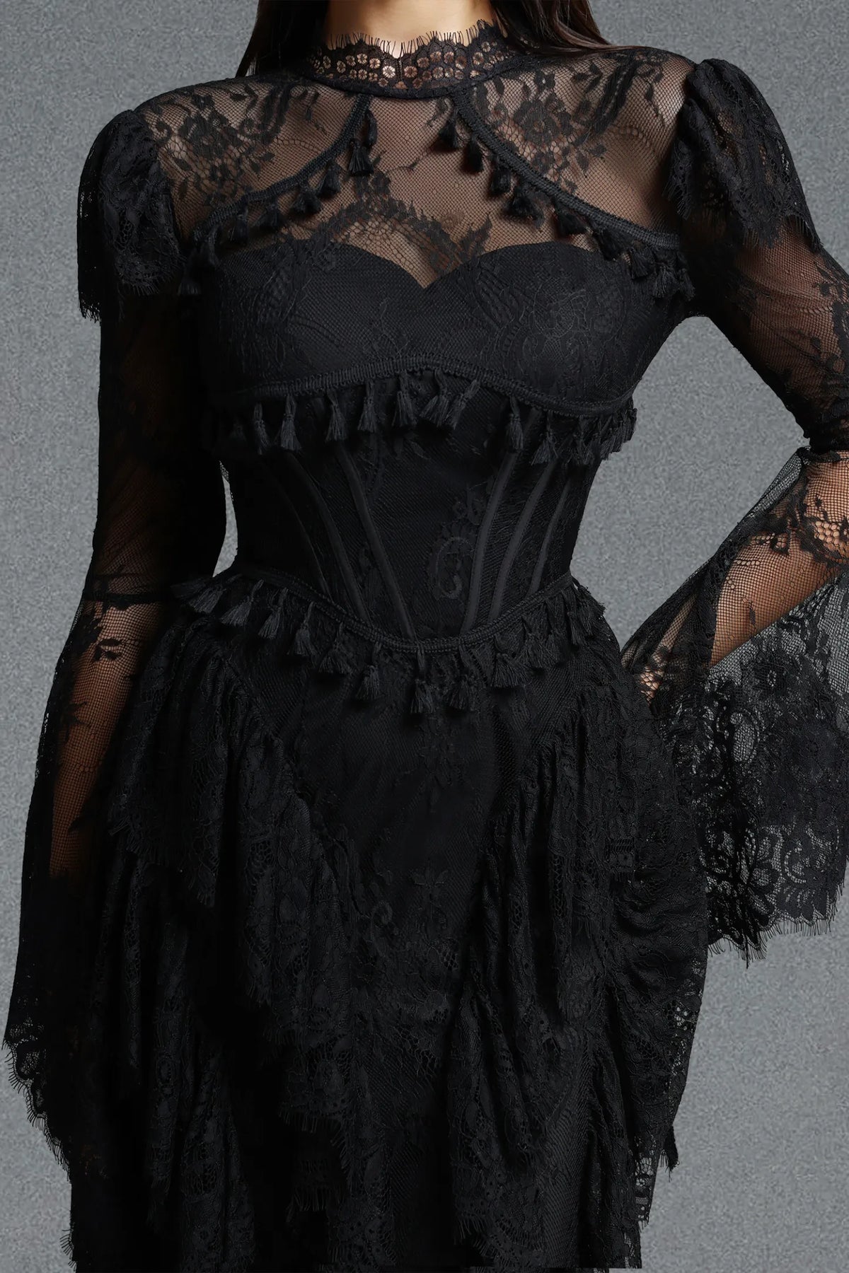 High-Neck Corseted Tiered Lace Gown - Onyx Black