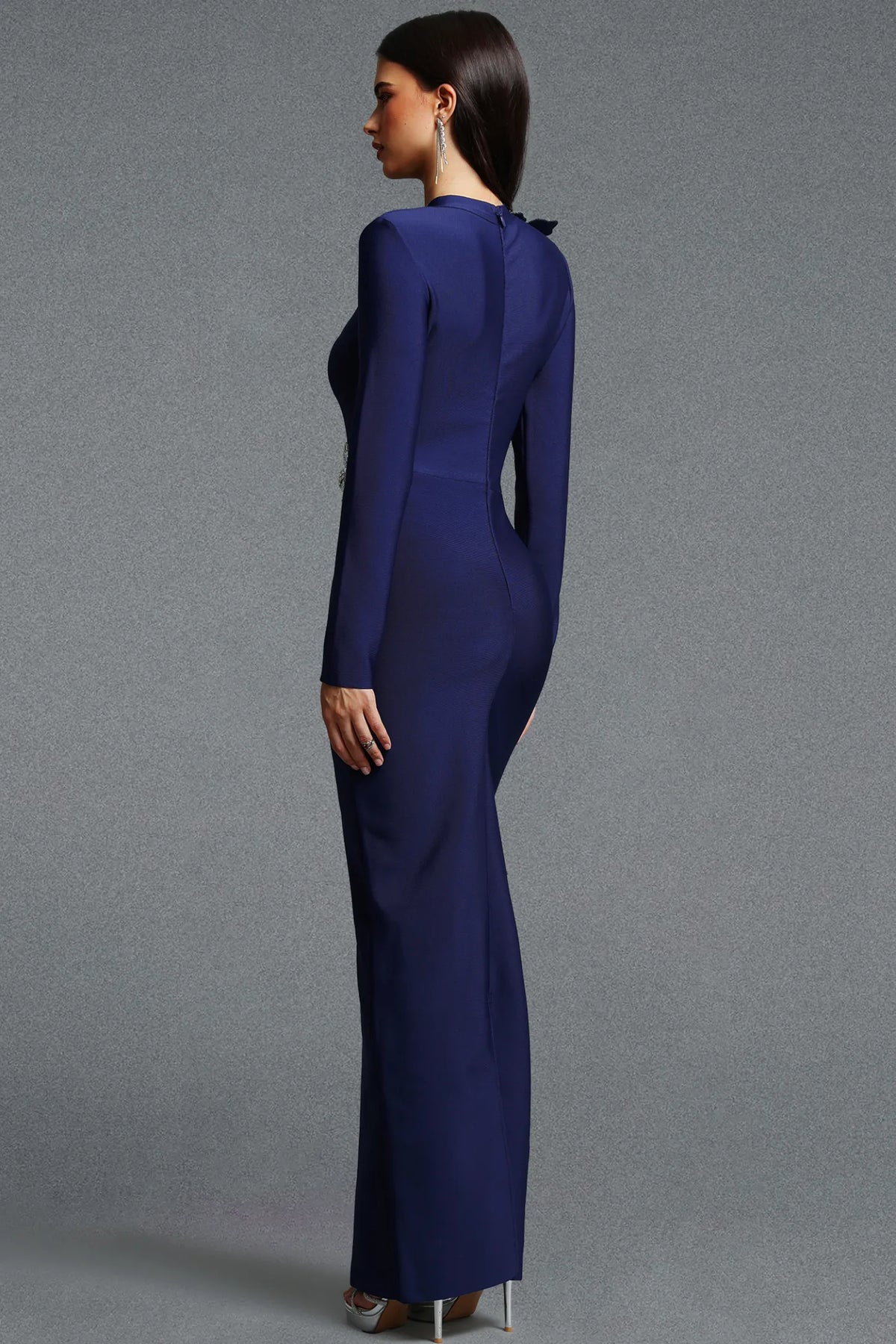 Asymmetrical Silver Floral Appliqué Column Gown - Midnight Navy