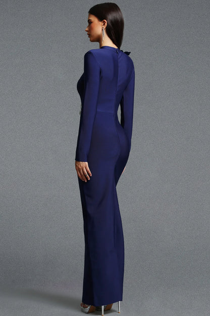 Asymmetrical Silver Floral Appliqué Column Gown - Midnight Navy