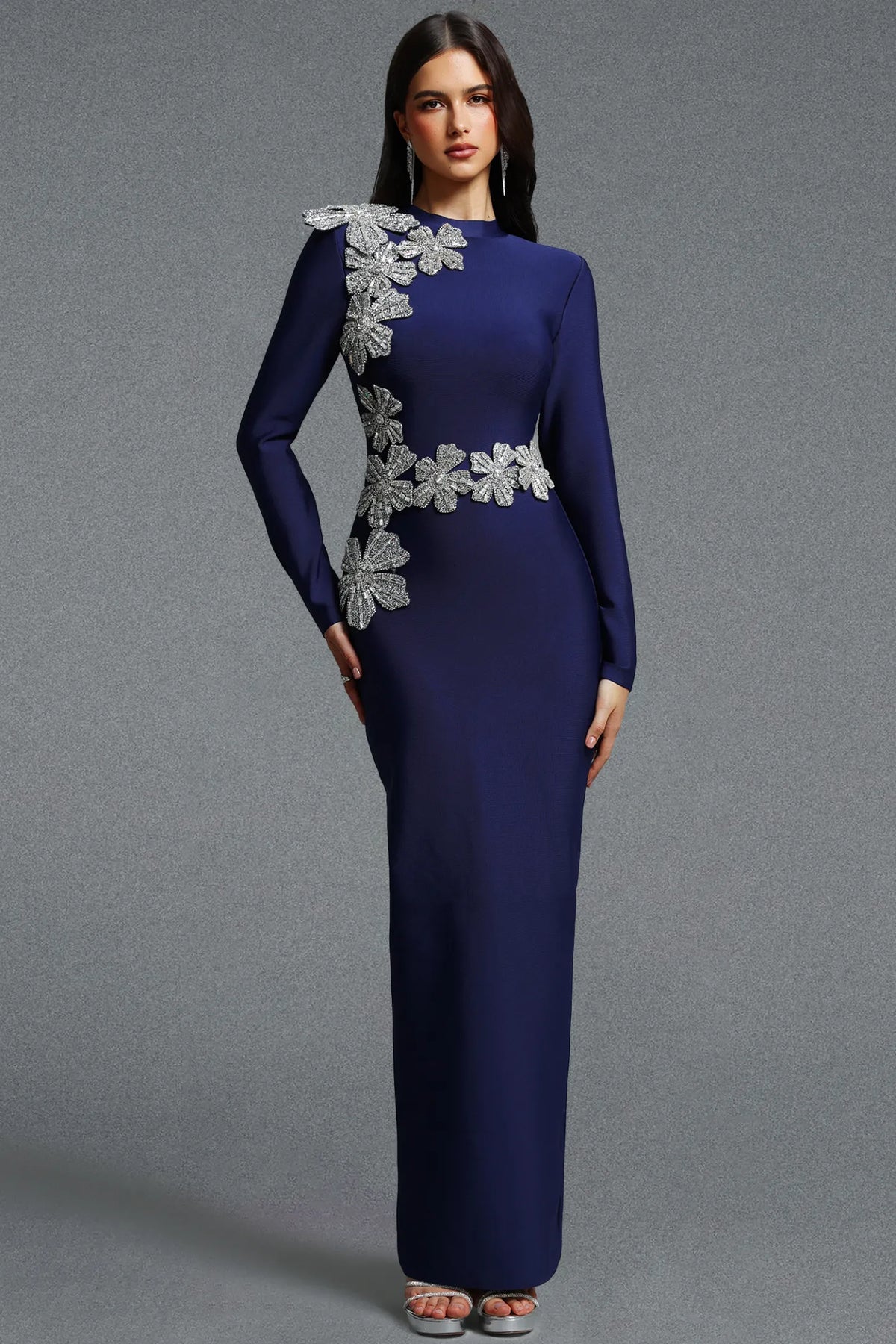 Asymmetrical Silver Floral Appliqué Column Gown - Midnight Navy