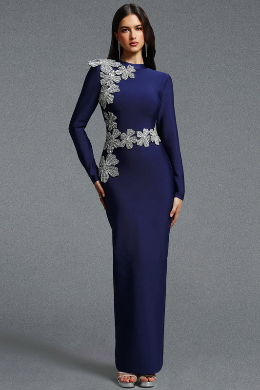 Asymmetrical Silver Floral Appliqué Column Gown - Midnight Navy