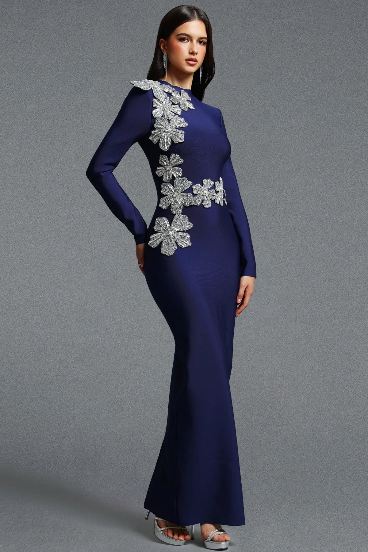 Asymmetrical Silver Floral Appliqué Column Gown - Midnight Navy